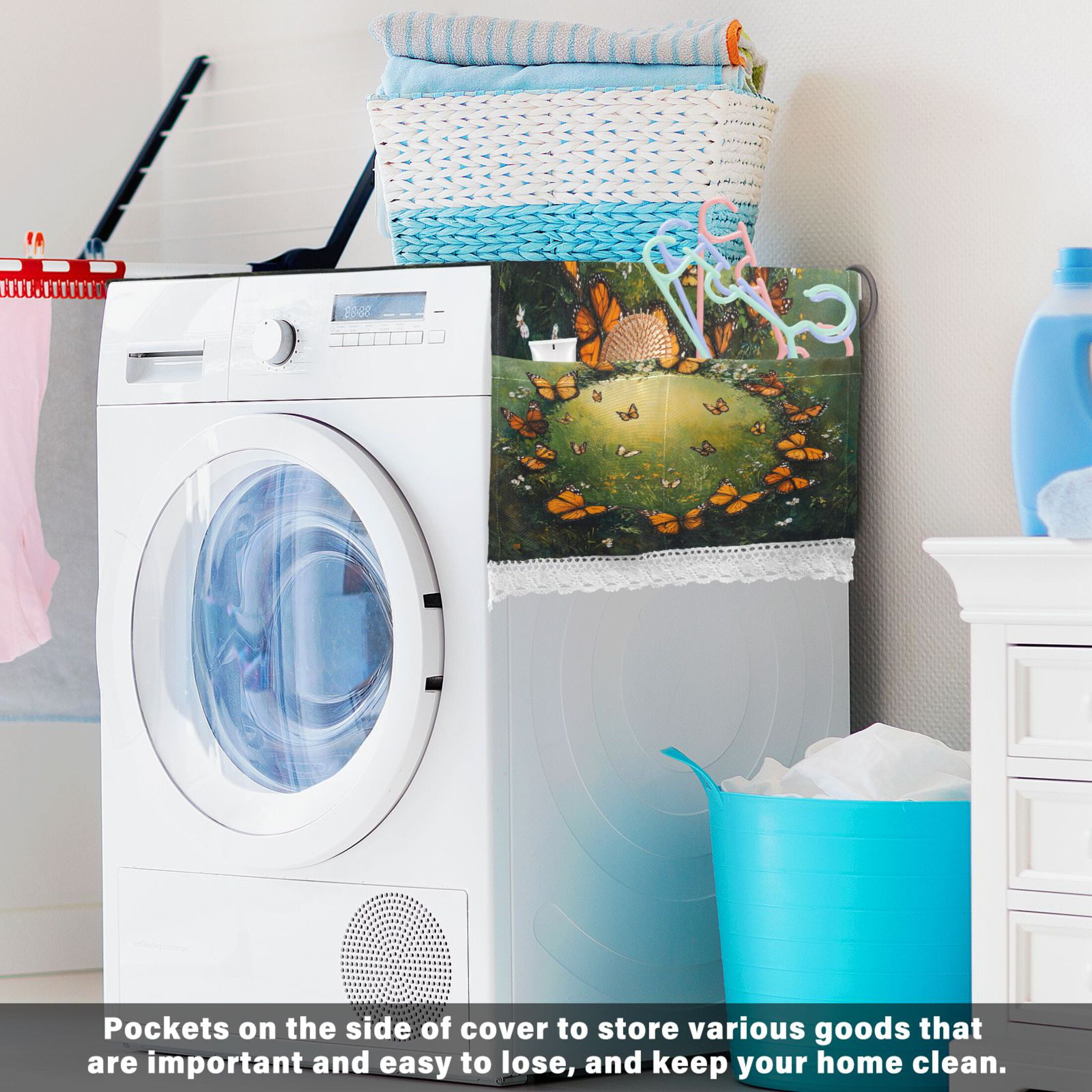 Orange and Black ButterflyWasher and Dryer Covers Dust-Proof and Oil Resistant Fridge Cover with 4 Storage Pockets Washing Machine Top Cover for Laundry Kitchen Home 51.2 x 22 In