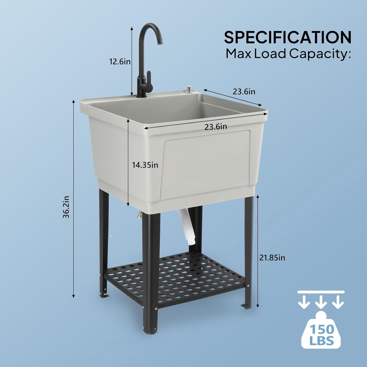 Ktaxon 21 Gallon Plastic Utility Sink with Hot/Cold Faucet, 36" Freestanding Laundry Tub with Adjustable Legs, Soap Dispenser and Pop-up Button for Bathroom, Laundry Room, Garage, Gray