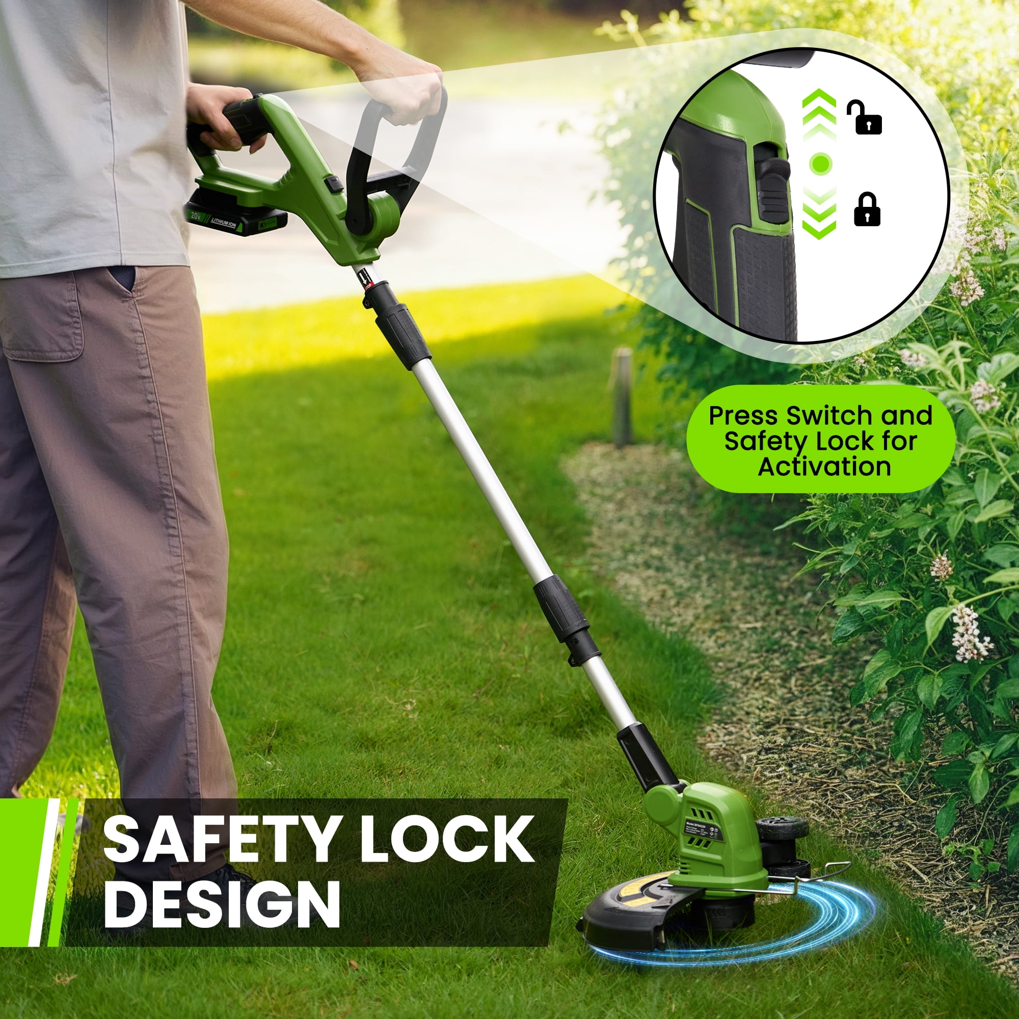 TACKLIFE 20V 12" Cordless String Trimmer & Edger, Handle Adjustable Weed Eater  Grass Trimmer with 3 lines, 2.0Ah Battery & Charger, Auto Line Feed,Green