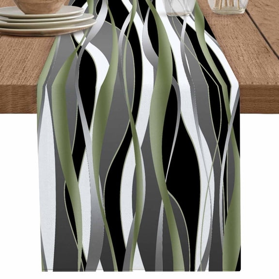 nqOlkjepod Sage Green Stripe Table Runner 90 Inches Long Farmhouse Dress Scarves, Grey Moire Geometric Modern Abstract Dining Tablerunner for Coffee Table/Kitchen Island/Party Décor, 13" x 90"