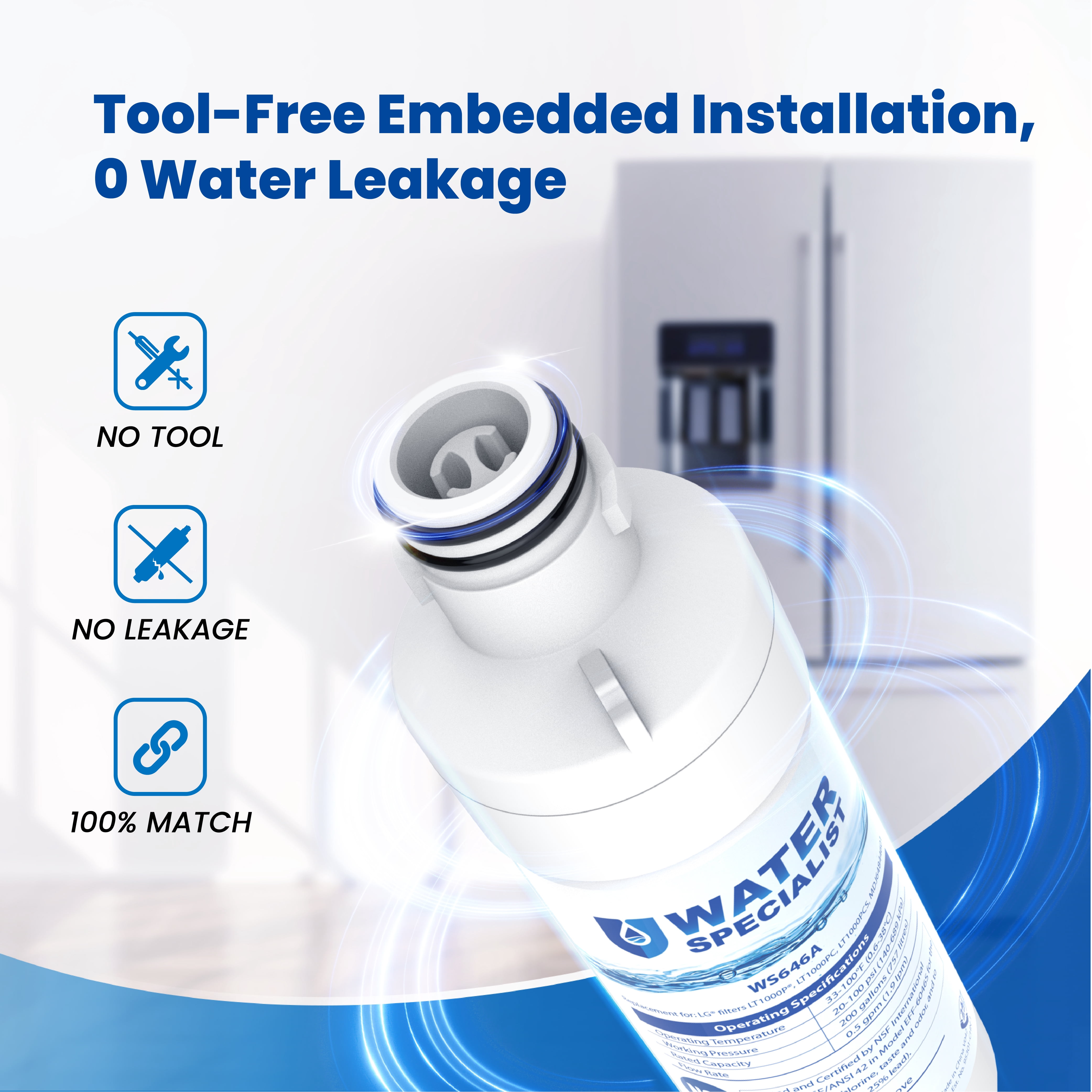 Waterspecialist LT1000PC ADQ747935 Replacement for LG® LT1000P®, LT1000PCS, LFXC24796S, LMXS28626S, LFXS26973S, ADQ74793501, ADQ74793502, 46-9980, 9980 Refrigerator Water Filter, Pack of 3