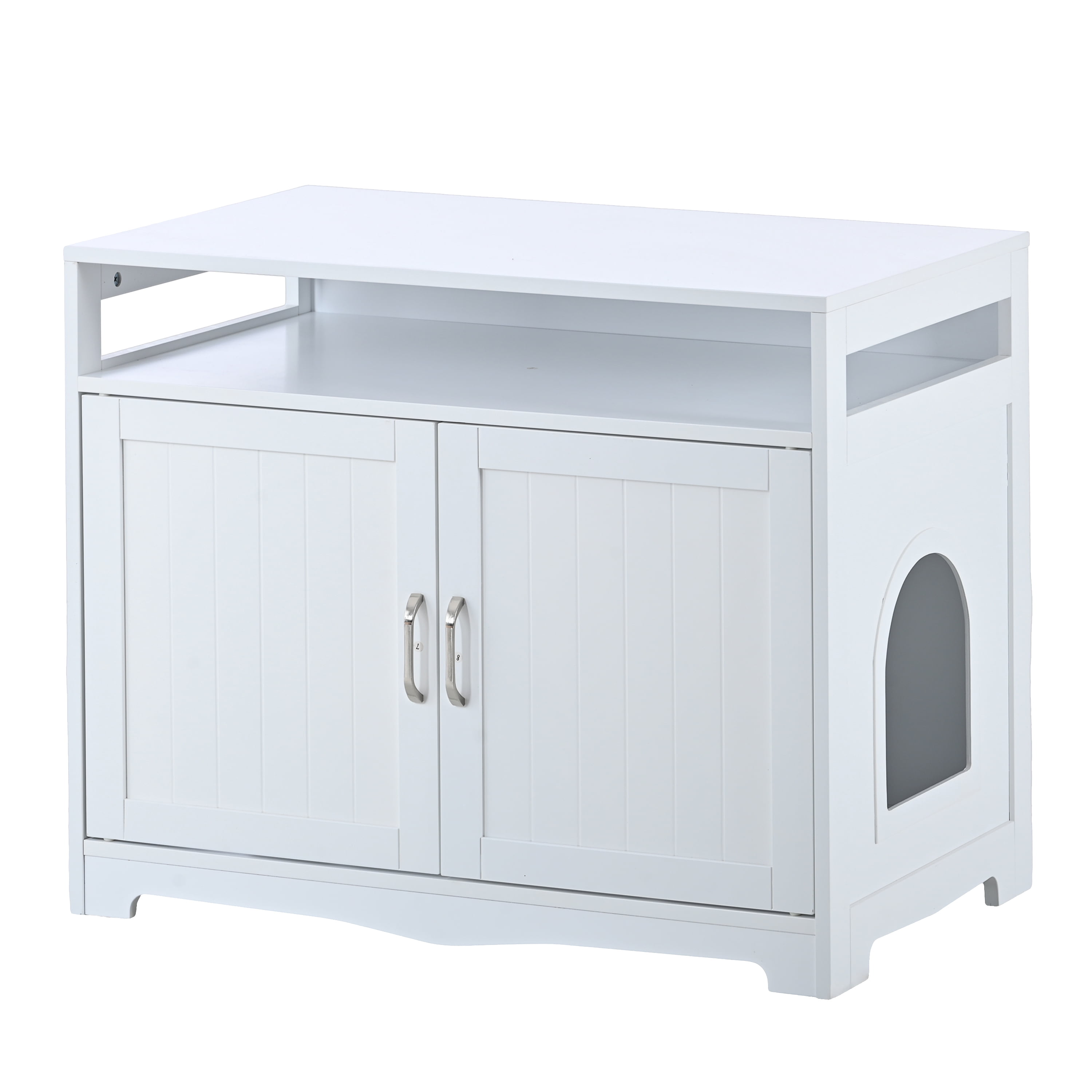 Litter Box Enclosure Furniture with Hidden Plug & 2 Doors, Large Wooden Cat Washroom Storage Bench Side Table, Indoor Pet House, White