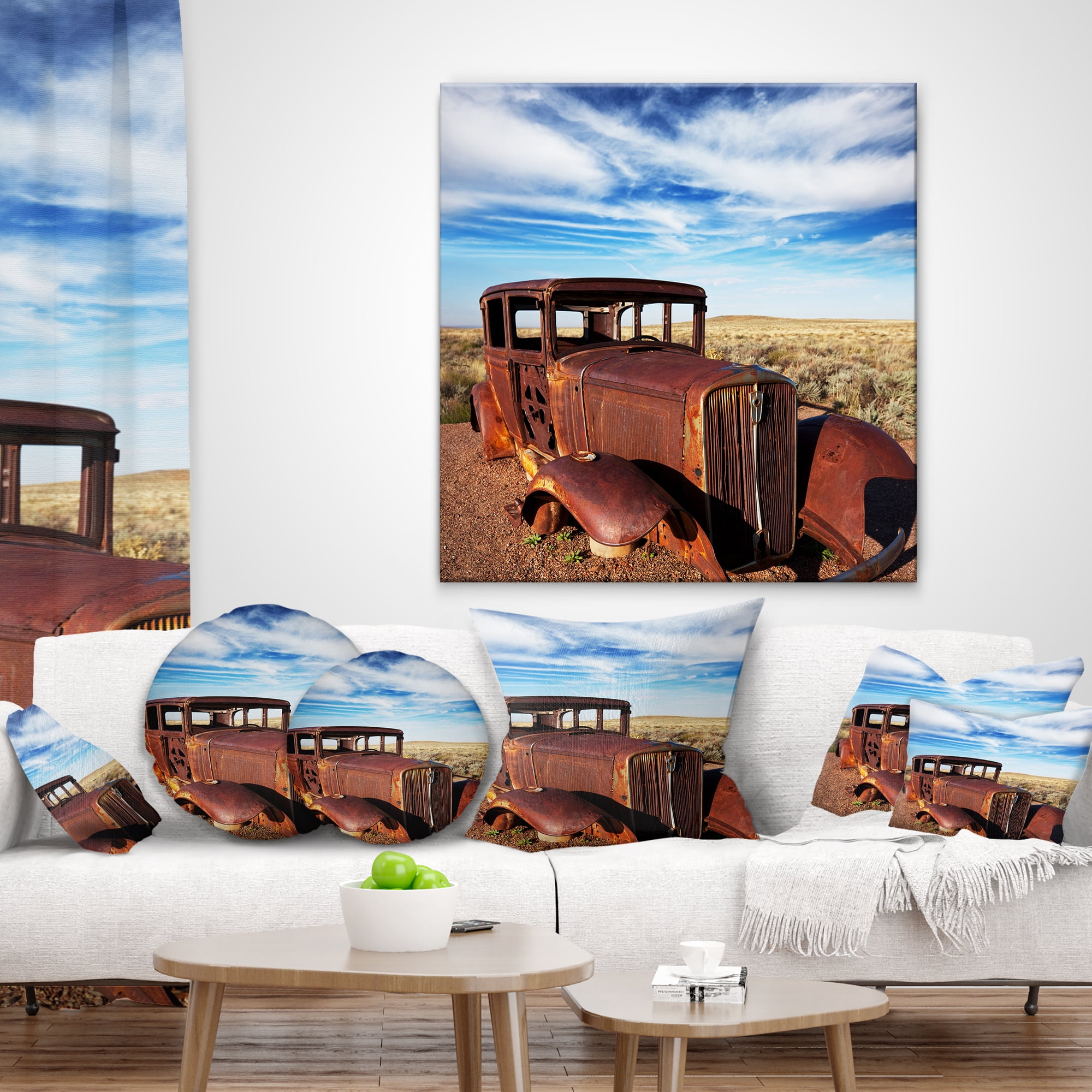 Designart Vintage Car under Bright Blue Sky - Abstract Throw Pillow - 12x20
