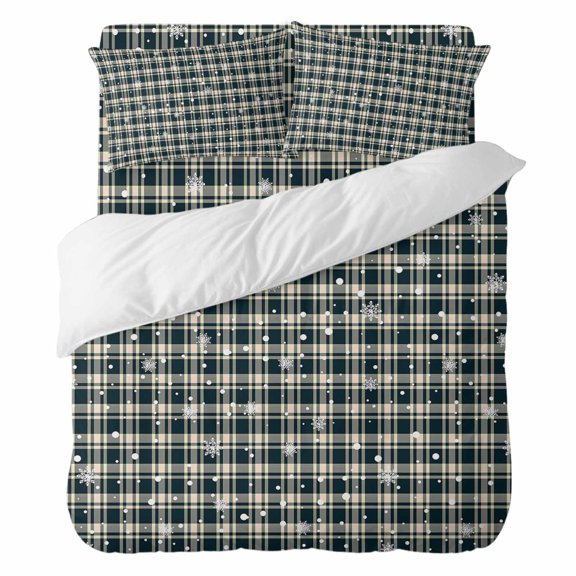 Duvet Cover Set California king Size 4 Pieces, Christmas White Winter Snowflakes Comforter Cover Soft Bedding Sets, Retro Tartan Gray Plaid Bed Set Include 1 Duvet Cover, 2 Pillow Shams, 1 Bed Sheet