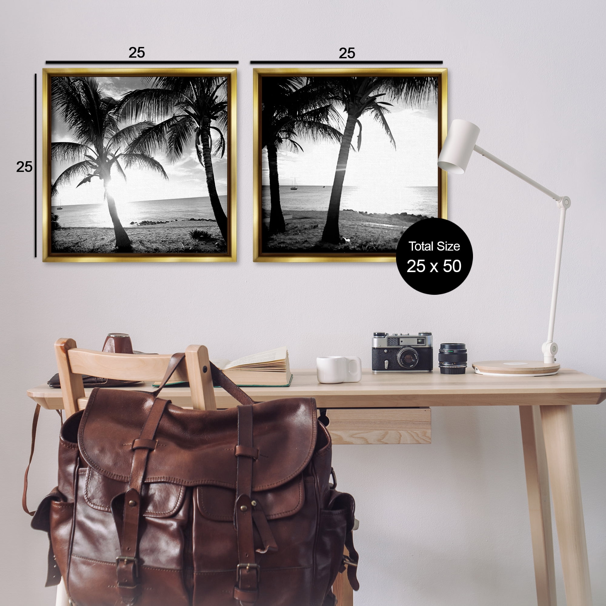 Stupell Industries Tropical Palm Sunset Landscape & Nature Photography Gold Floater Framed Canvas Art Print Wall Art, 25 x 25, Set of 2
