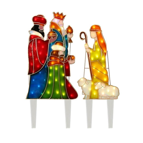 Colorful Mini Metal Nativity Scene With Led Lights, Outdoor Indoor Yard Porch Christmas Decoration, 27X20Cm Plug-In