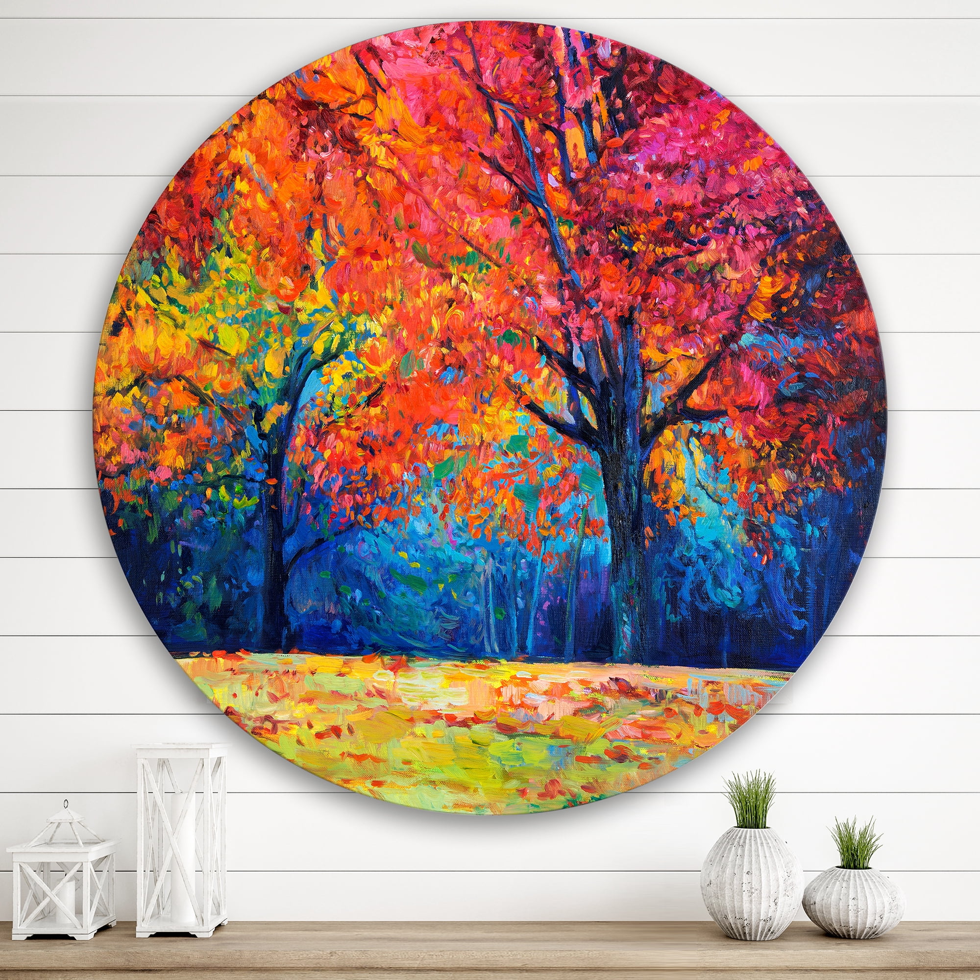 Designart 'Abstract Vibrant Red Tree In Autumn Landscape' Traditional Circle Metal Wall Art 29x29 - Disc of 29