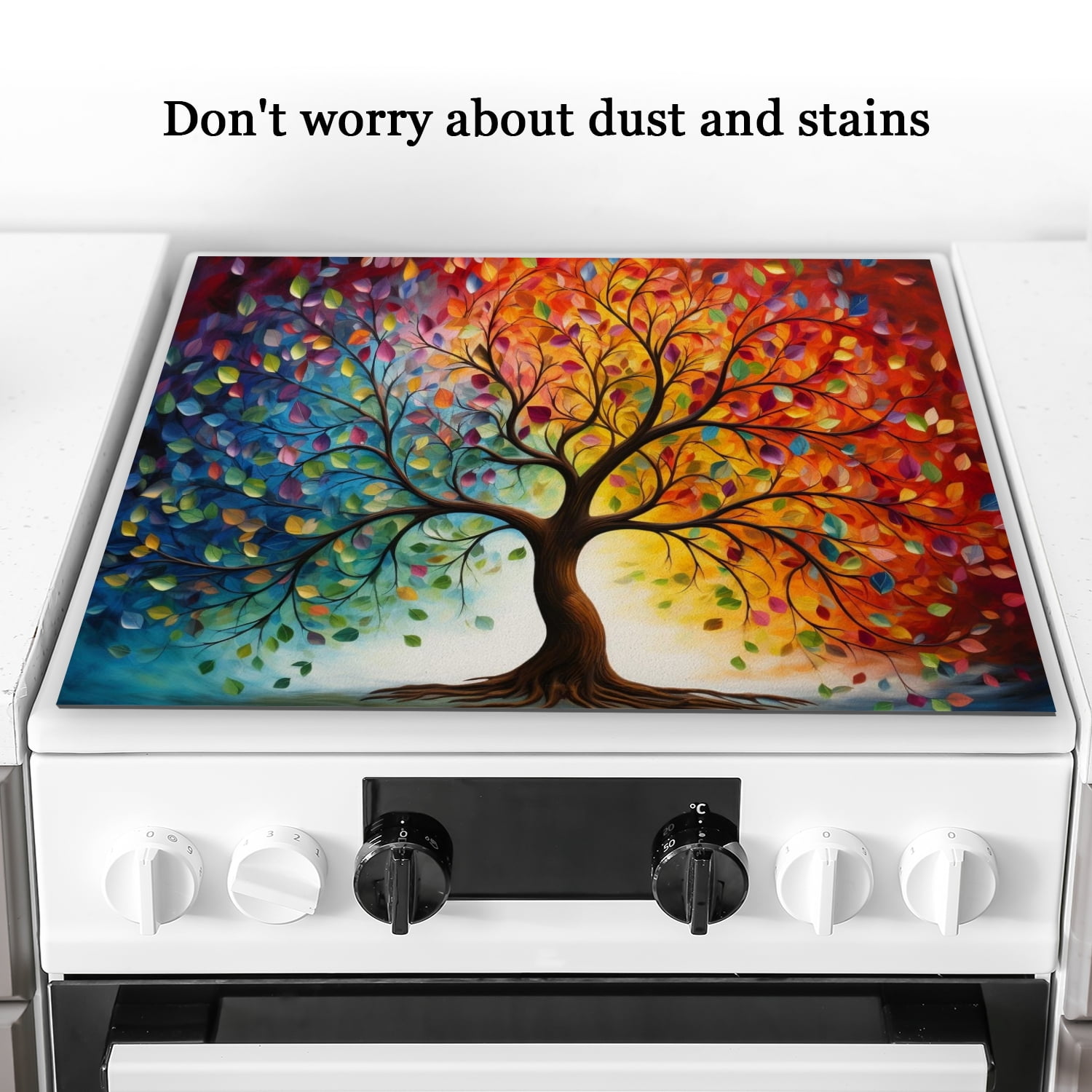 Glass Stove Top Covers for Electric Stove, Gold and Green Tree of Life Non-slip Stovetop Covers, Square Scratch-Resistant Countertop Protector Mat for Kitchen RV (28×20 Inch)