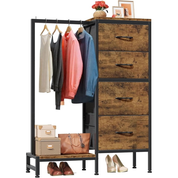 Comoda Cajonera para Recámara - 4 Cajones de Tela con Parte Superior de Madera y Marco de Acero Plegable - Mueble Organizador con Cajonera (Marrón Rústico)