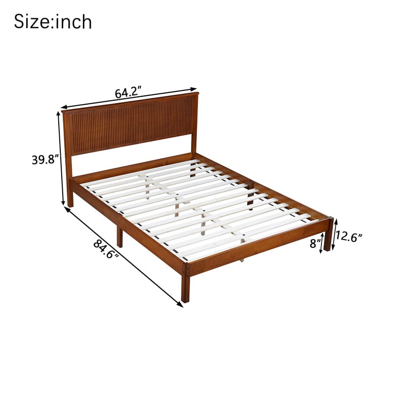 Queen Size Wood Bed Frame with Wave-Fluted Headboard, Low-Profile Platform Bed with Central Support Legs and Under-Bed Space