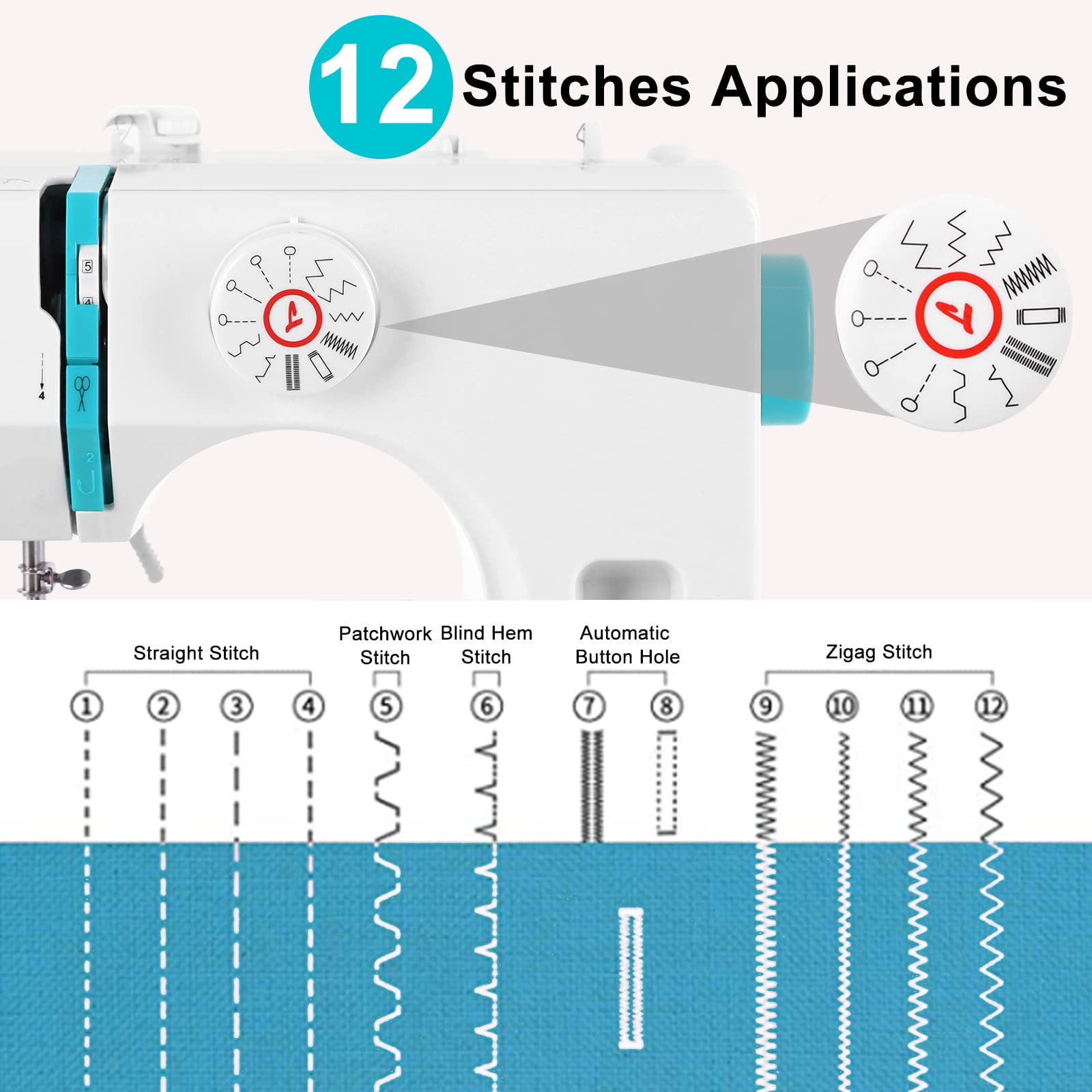 Mini Sewing Machine for Beginners, Electric Portable Small Sewing Machine with 12 Built-In Stitches Reverse Sewing Adjustable Speed LED Light Foot Pedal Heavy Duty Household Mending Stitching Machine