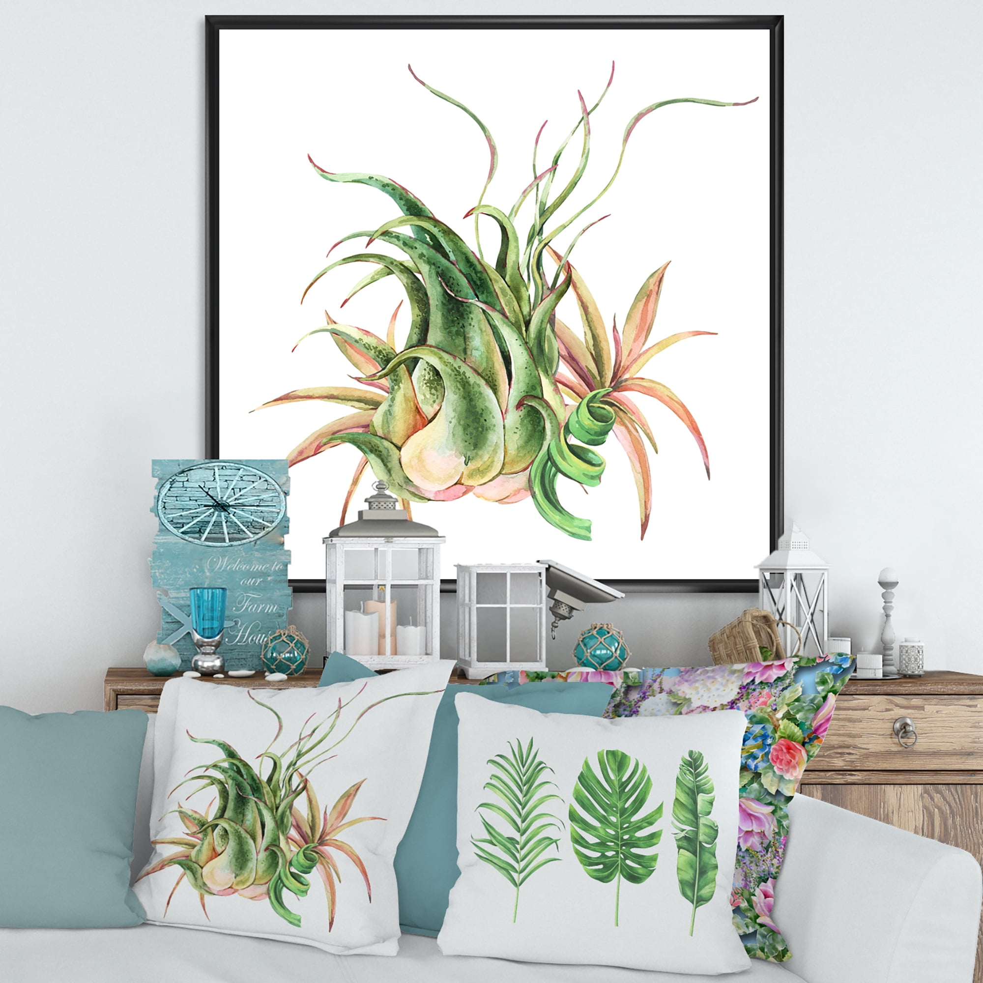 Designart 'Tropical Leaves Air Plant Succulent On White' Farmhouse Framed Canvas Wall Art Print
