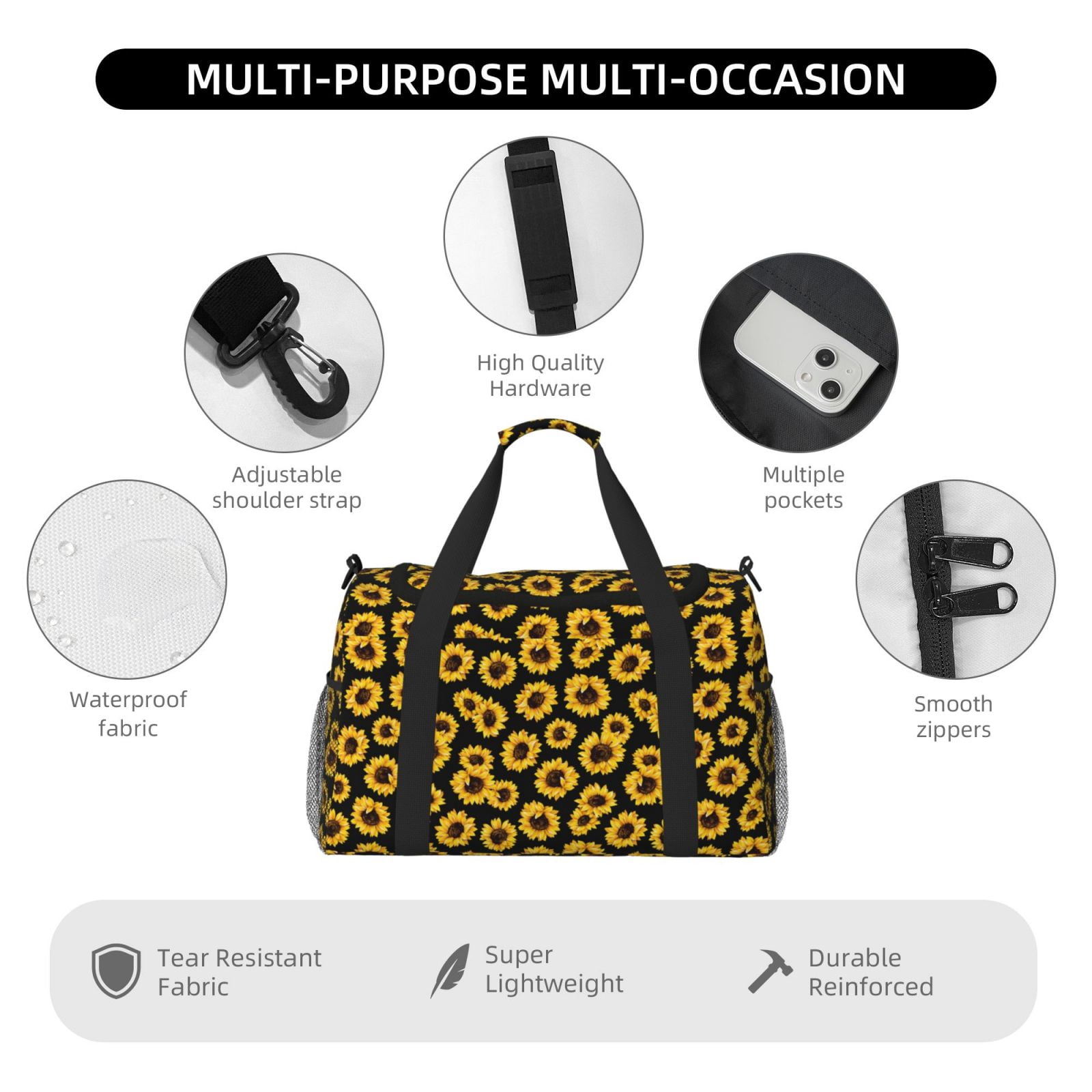 Ratiio Sunflower 6 Pattern Hand Travel Bag, Weekender Carry On for Women Men, Sports Gym Bag, Workout Duffel Bag, Overnight Shoulder Bag fit 15.6 Inch Laptop