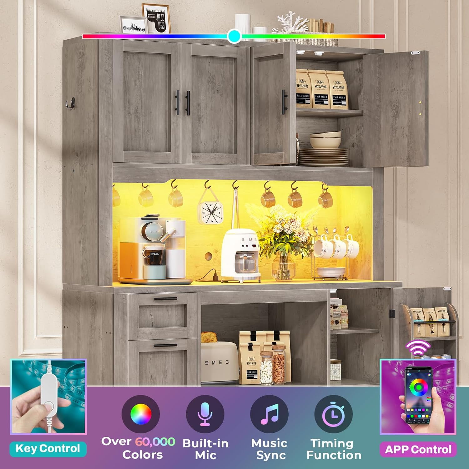 Farmhouse Pantry Cabinet, Tall Kitchen Pantry Storage Cabinet with Power Outlets & Microwave Stand, 47.3" Wide Large Kitchen Cabinet with Drawer, Storage Cart & 3 Door Shelves for Dining Room, Grey