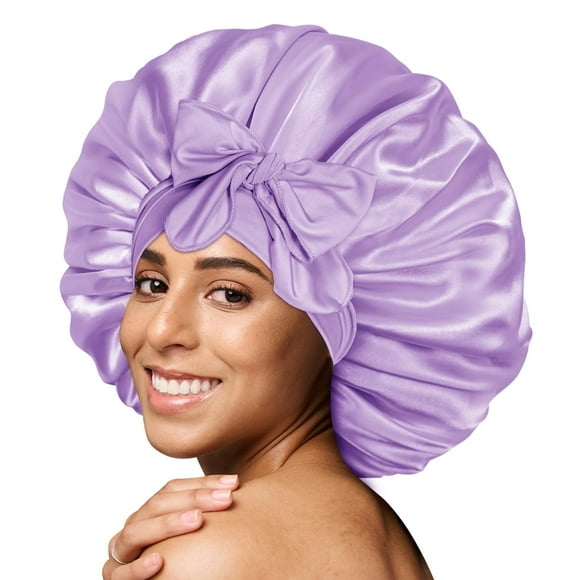 BONNET QUEEN BONNET en Soie pour Dormir Femmes BONNET en Satin BONNET de Cheveux Grand BONNET de Nuit Écharpe pour Cheveux Bouclés avec Bande de Liaison Violet Clair