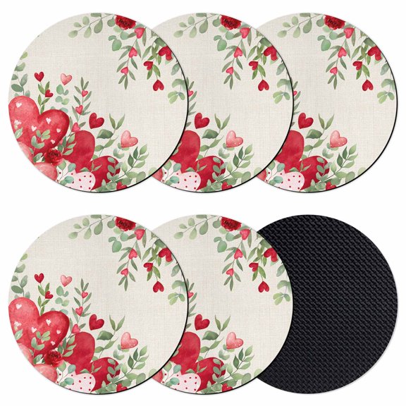 Love Heart Valentines Day Coasters Set of 6, Absorbent Coasters for Drinks, Botanical Eucalyptus Red Rustic Coaster for Desk Coffee Table Protection, Home Decor House Warming Gifts 4"