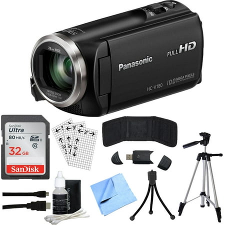 Panasonic HC-V180K Full HD Camcorder with 50x Stabilized Optical Zoom - Black with Bundle Includes, 32GB High-Speed Memory Card, 57