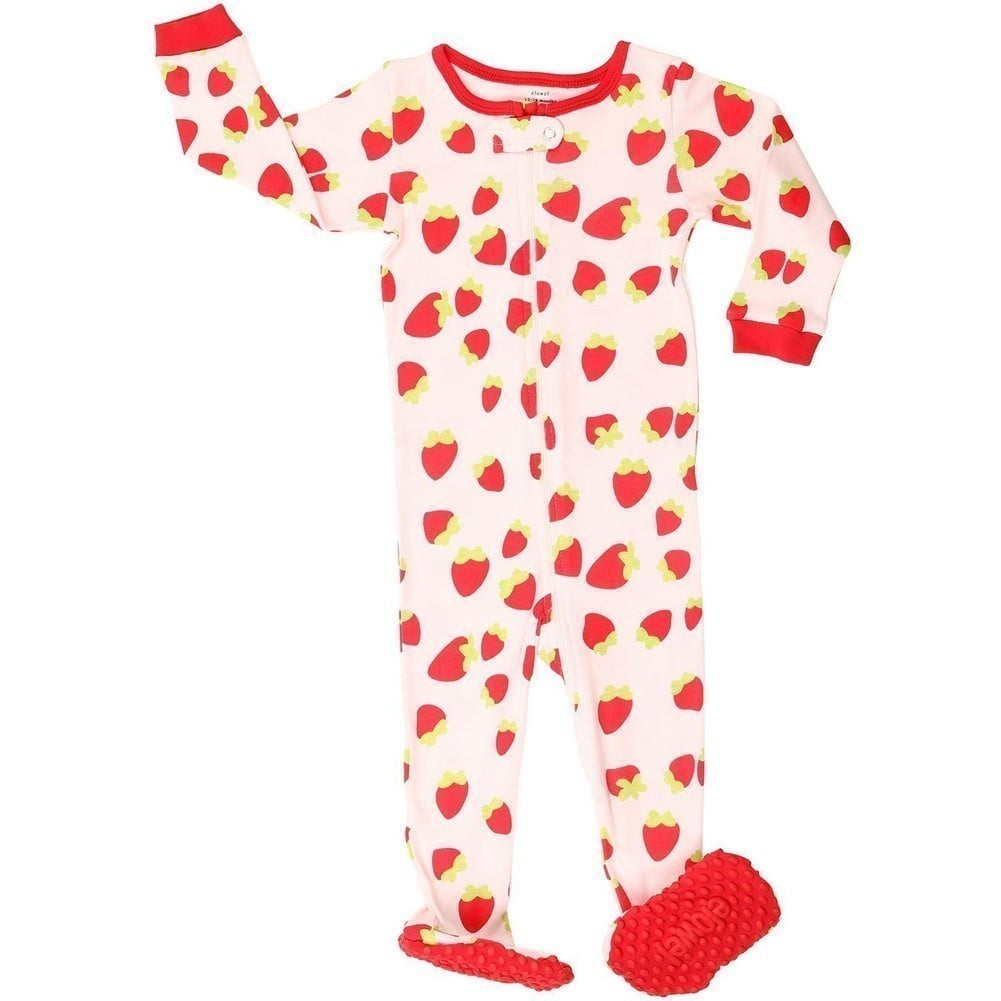 Elowel Little Girls Red Strawberry Print Zipper Footed Pajama Sleeper 3