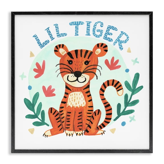 Stupell Industries Eclectic Lil Tiger Text Whimsical Simple Botanicals Black Framed Giclee Art, 12 x 12, by Heather Strianese