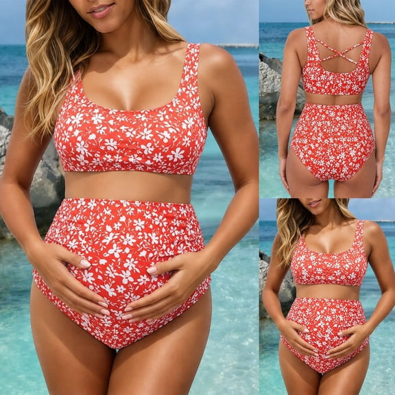 Gyujnb Maternity Two Piece Bikini Set Floral Print High Waist Square Neck Pregnancy Bathing Suit,M