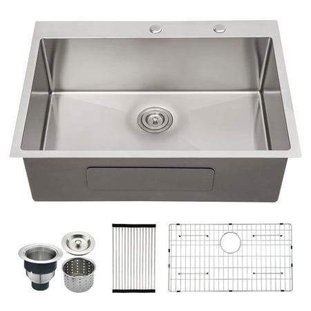 

CoSoTower Stainless Steel 30 in 2-Hole Single Bowl Drop-In Kitchen Sink with Bottom Grid and Basket Strainer