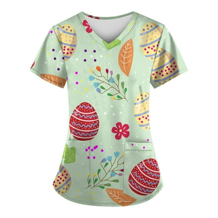 

QAZXD Womens Tops Women Fashion Easter Print V-neck Short Sleeve Scrub Tops With Pockets Tops(Buy 2 Get 1 Free)