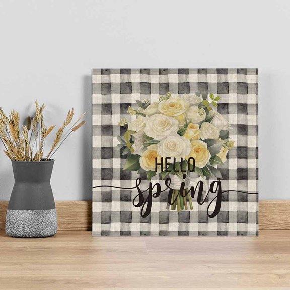 Spring Floral Wall Art Painting on Canvas, Black White Plaid Summer Botanical Flowers Canvas Art Home Prints Wall Art Framed Modern Artwork for Living Room Bedroom Wall Decor 8x8in