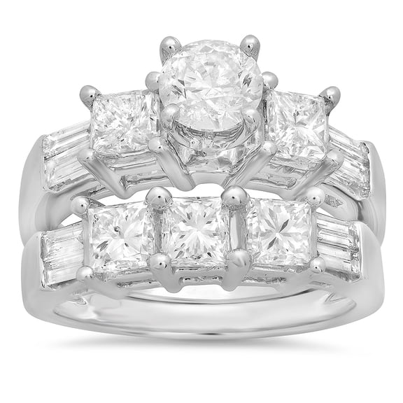 Dazzlingrock Collection 3.10 Carat (ctw) 14k Round, Princess & Baguette Cut Diamond Ladies Bridal 3 Stone Engagement Ring With Matching Wedding Band Set 3 1/10 CT, White Gold, Size 7.5
