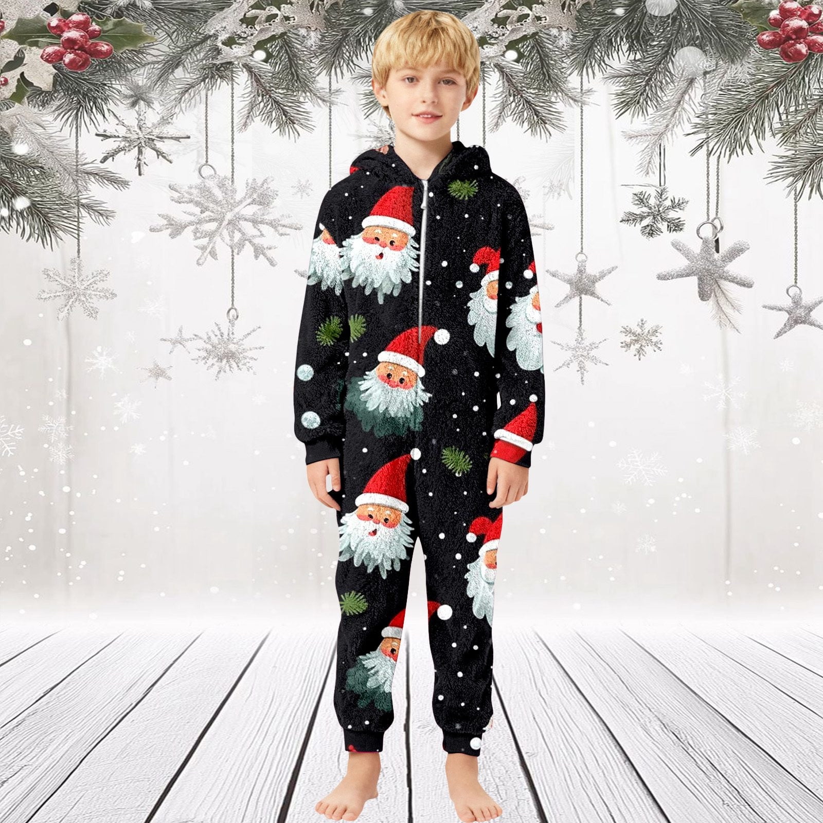 XDZJLR Flannel Christmas Onesie Pajamas For Kids Boys Girls Xmas Cozy Fleece Print Jumpsuit Hooded Romper Winter Holiday Outfit Soft Thermal Loungewear Toddler Kid Sleepwear Black 4-5 Years