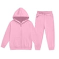 thumbnail image 2 of Hzzrkos Kids Casual Loose Solid Color Long Sleeve Hooded Zip Up Sweatshirt Jogger Pants Tracksuit Set Drawstring Active Outfit Lounge Set for Daily Wear Pink, 2 of 7