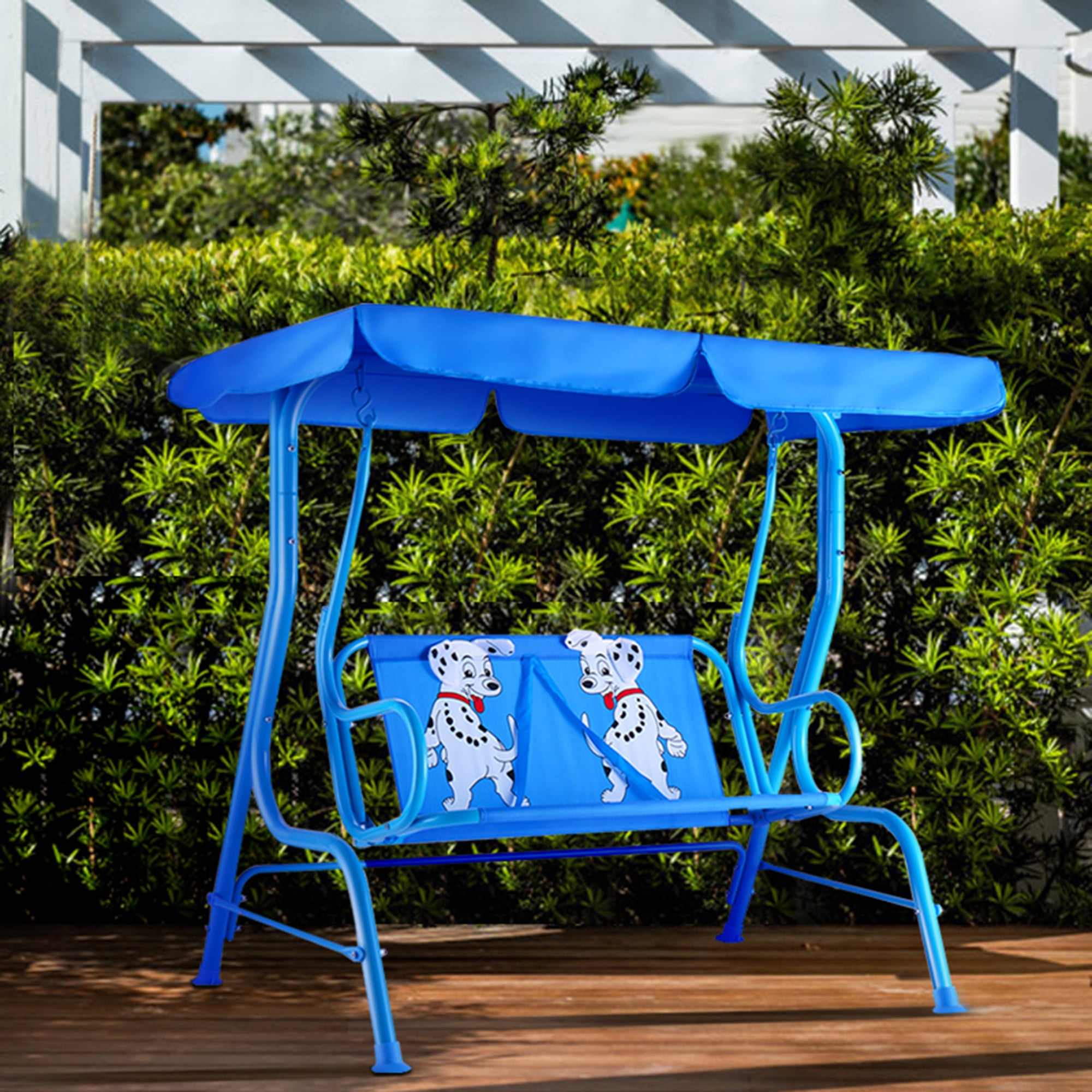 Gymax Kids Patio Porch Bench Swing w Safety Belt Canopy Outdoor Furniture Blue