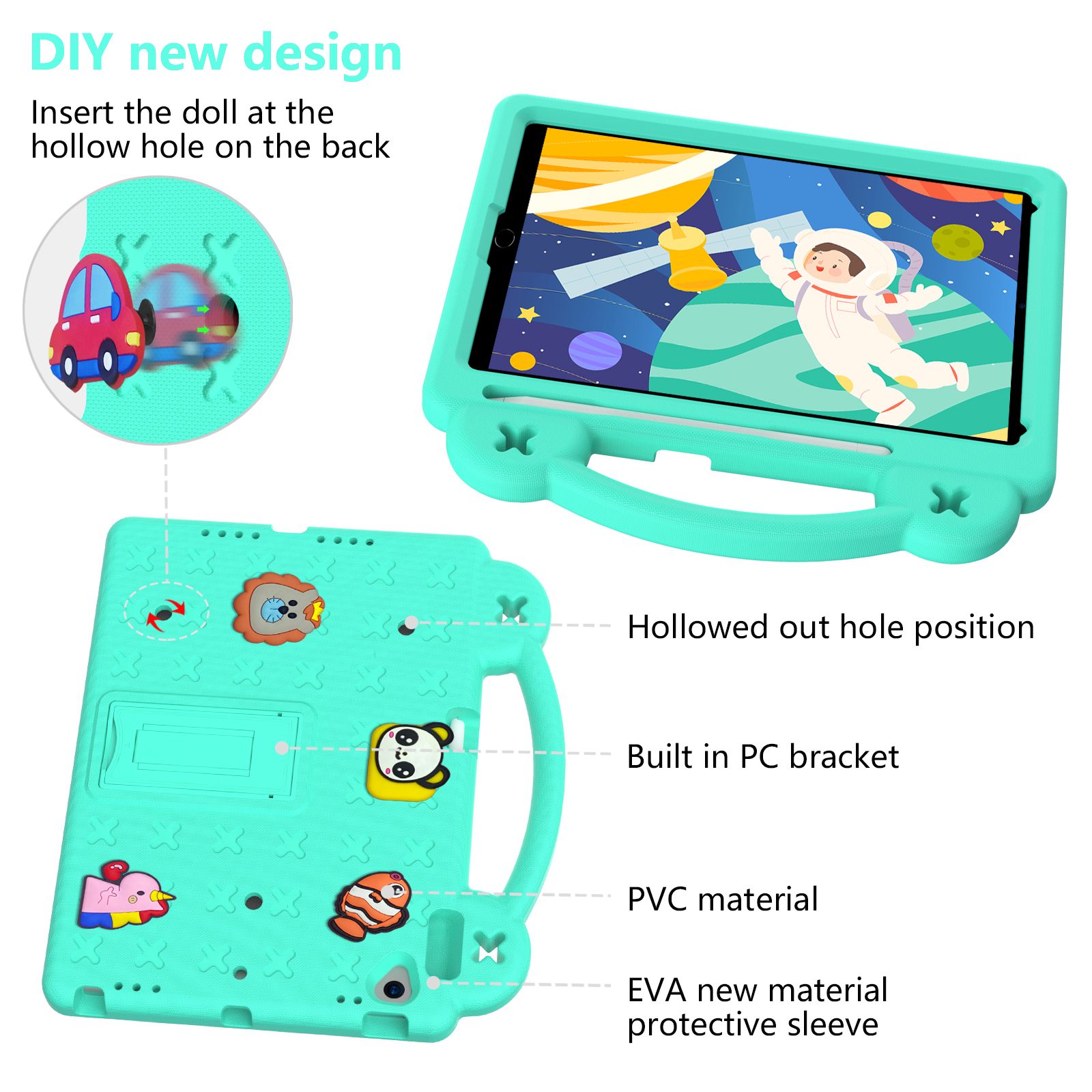 ELEHOLD Kids Case for iPad 9th/8th/7th Gen (2021/2020/2019)10.2 inch, EVA Foam Cute Cartoon Case with Built-in Kickstand Pencil Holder Shockproof Portable Case for iPad 10.2",Mintgreen