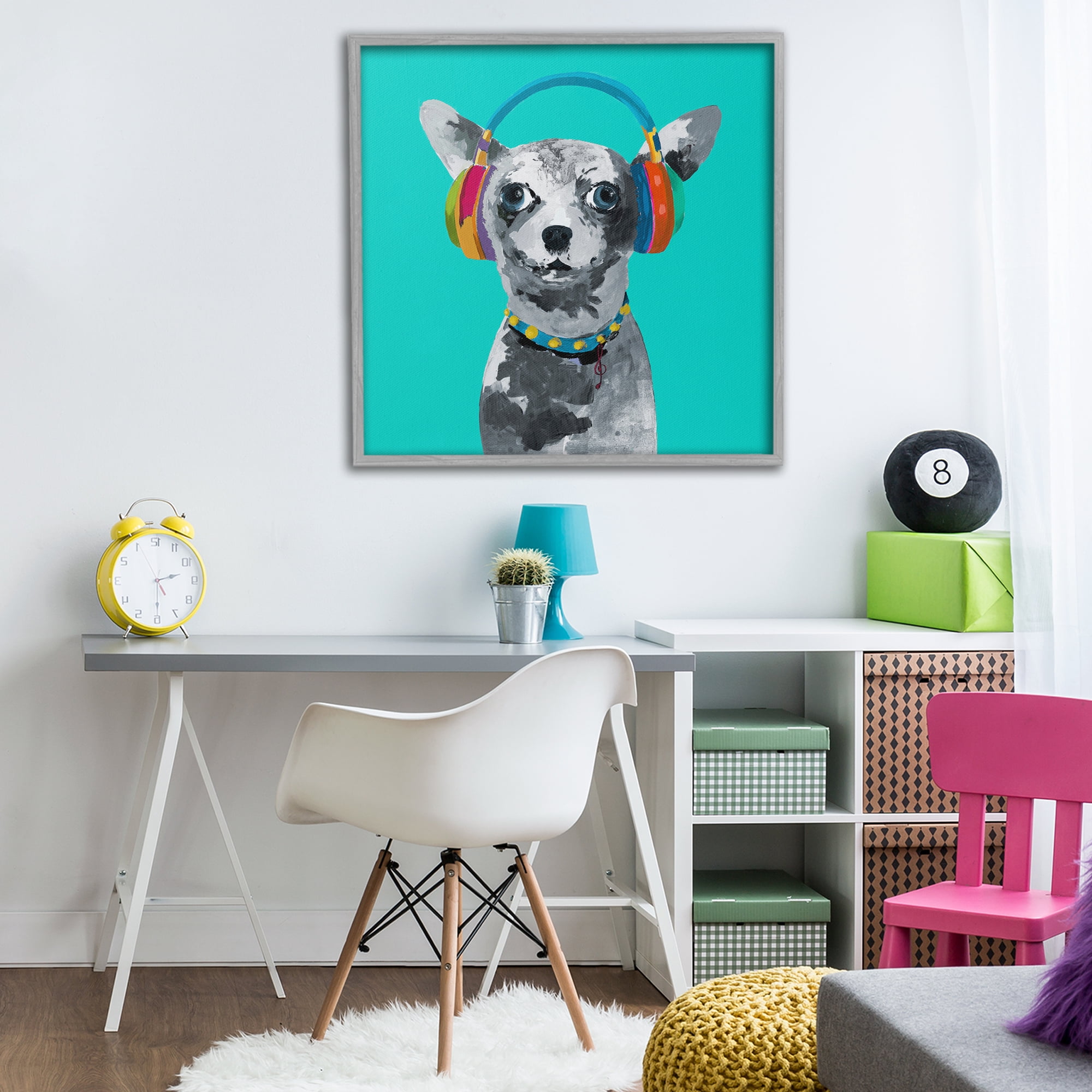 Stupell Industries Jammin' Pup on Blue Gray Framed Giclee Art, design by Lorenzo Collective
