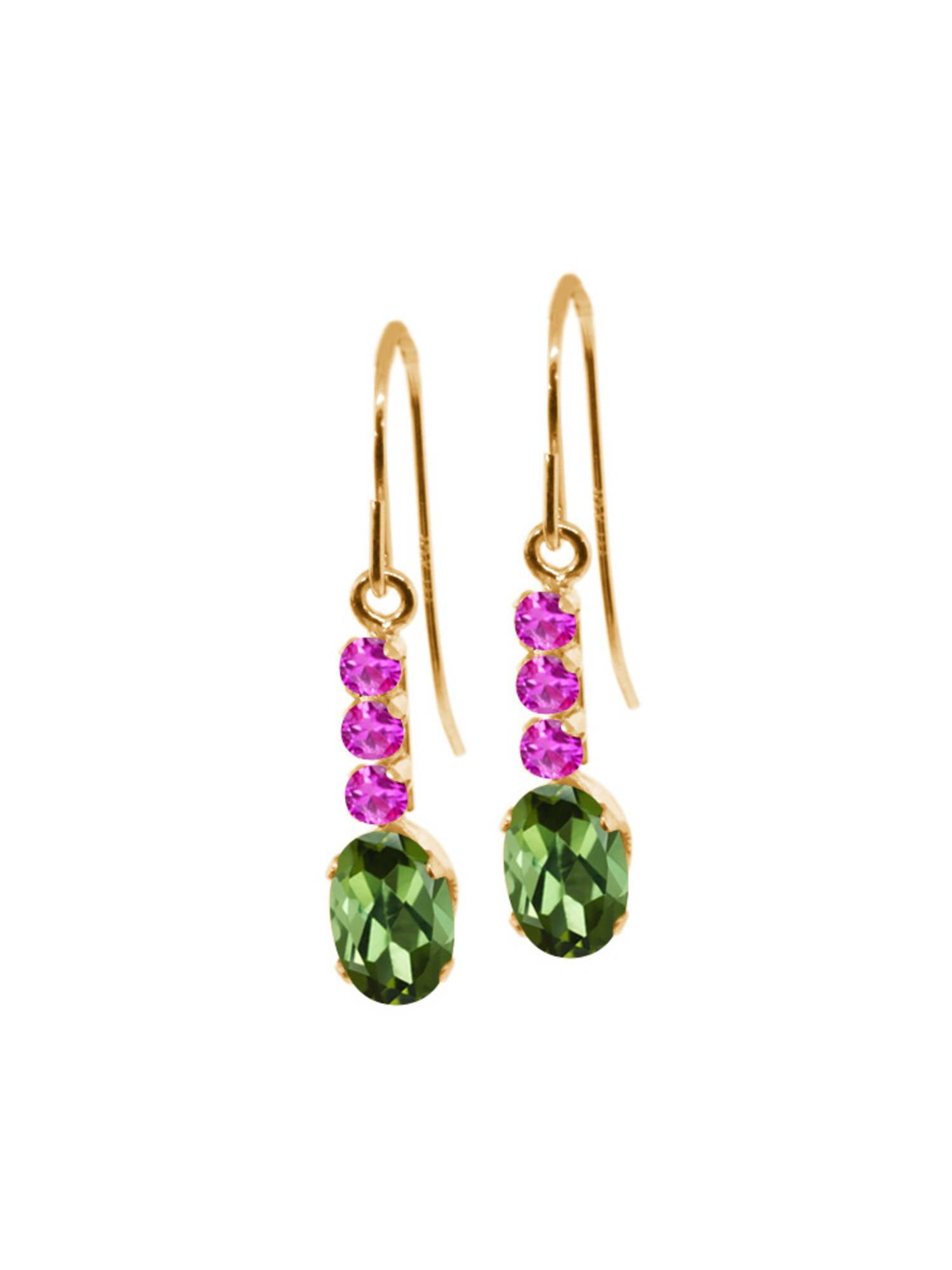 1.10 Ct Oval Green Tourmaline Pink Sapphire 10K Yellow Gold Earrings by