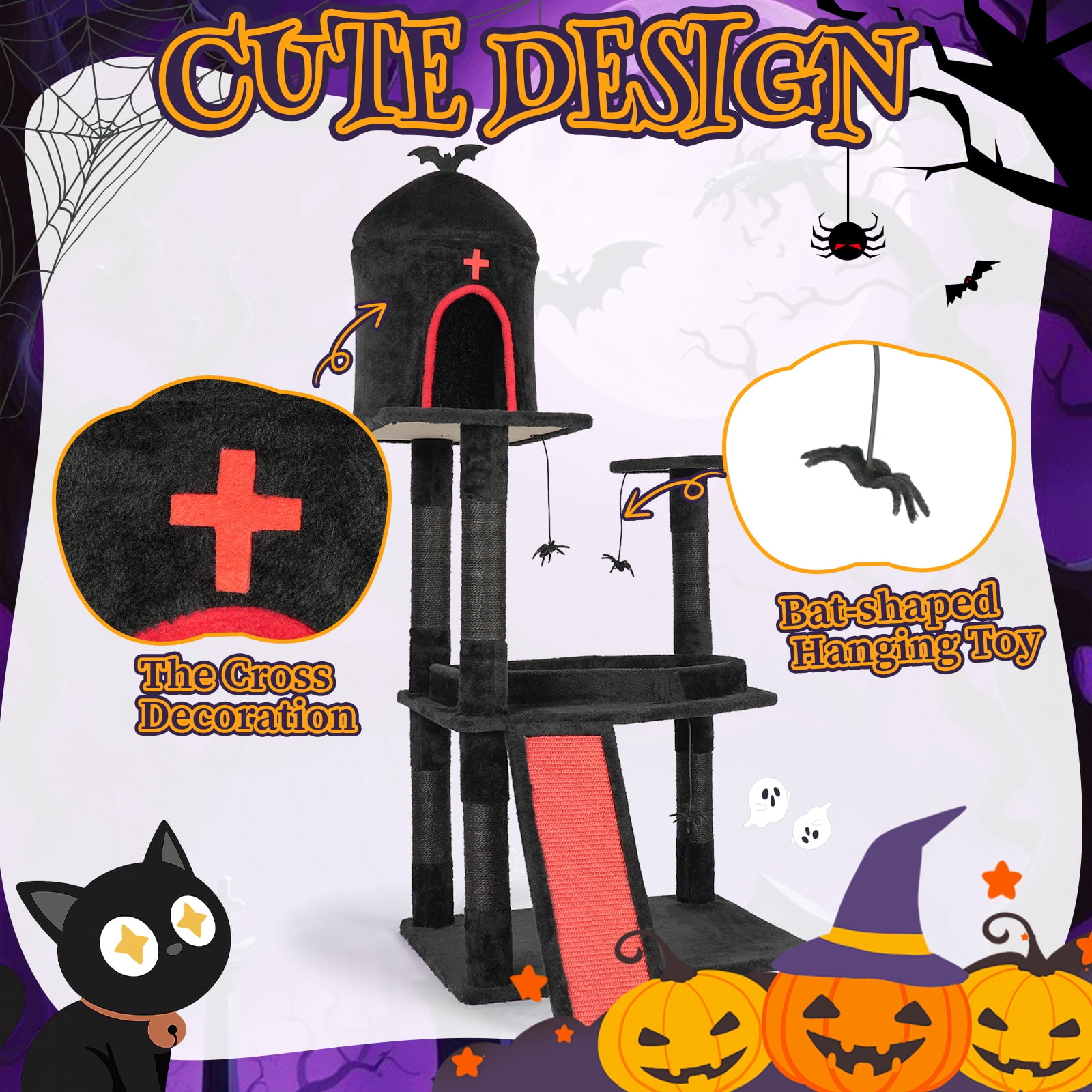Ktaxon Large Halloween Cat Tree w/ Coffin Hideout & Scratcher, 2-Level for Large Cats, Black Red