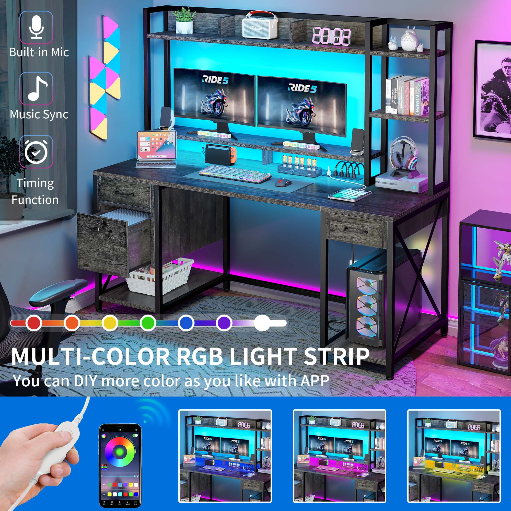 Dextrus 59.1"Computer Desk with Power Outlets & Hutch, Office Desk with Storage Shelves & Drawers with Lock, Gaming Desk with LED Lights & Monitor Stand, Gray
