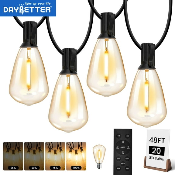 DAYBETTER ST38 Outdoor String Lights, 48ft Connectable Pitao Lights with 2700K Waterproof Bulbs, Dimmable Hanging Lights for Porch Yard Canopy