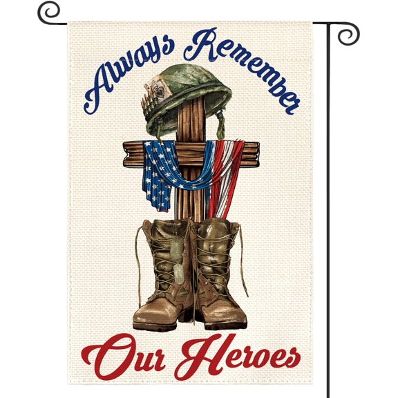 Memorial Day Always Remember Our Heroes Garden Flag 12x18 Inch Double Sided, Military Soldiers Boots Patriotic Veteran Yard Outdoor Decoration