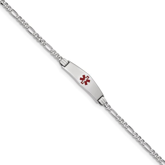 Beautiful 14K WG Medical Soft Diamond Shape Red Enamel Figaro Link ID Bracelet
