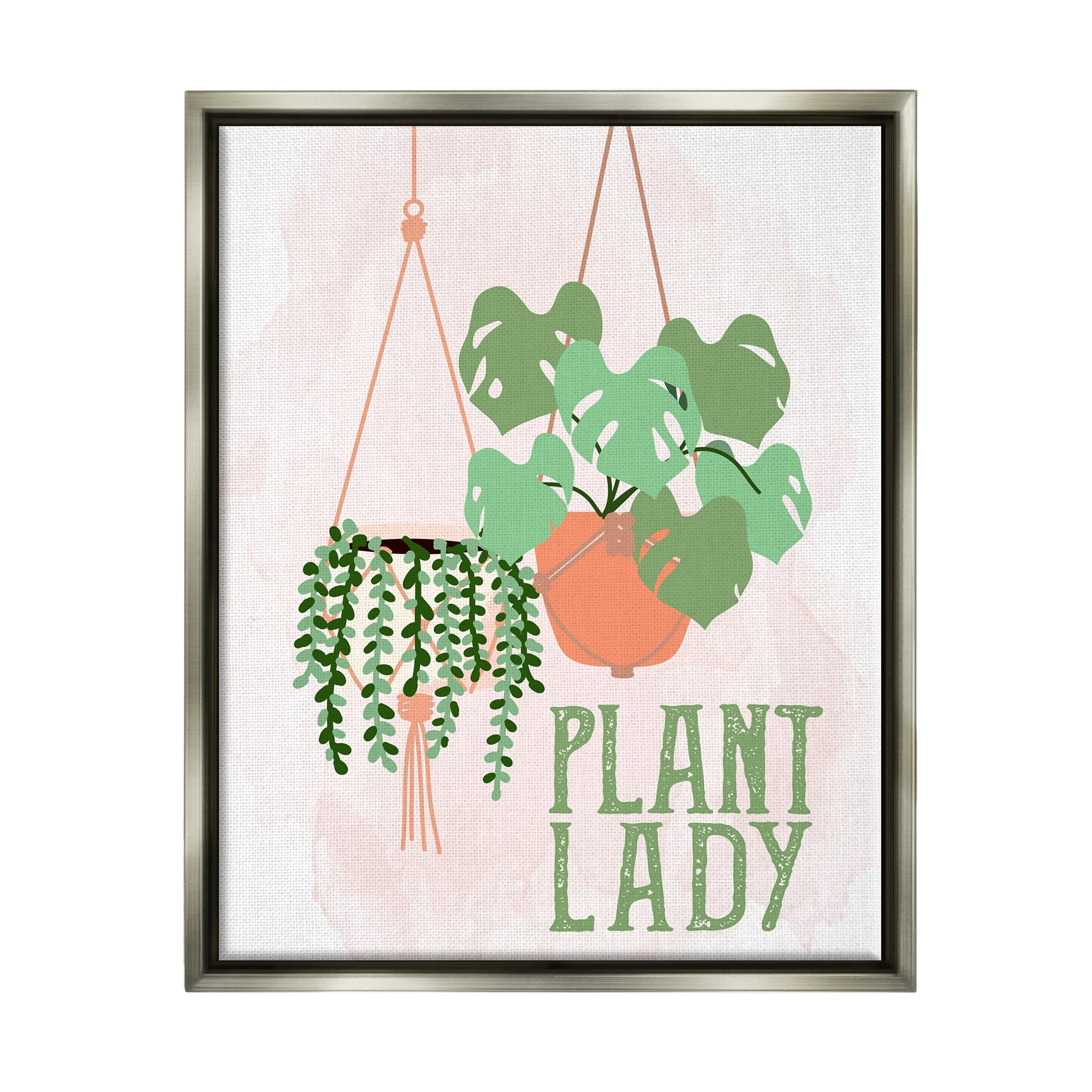 Stupell Industries Casual Plant Lady Hanging Green Potted Vegetation Graphic Art Luster Gray Floating Framed Canvas Print Wall Art, Design by Kim Allen