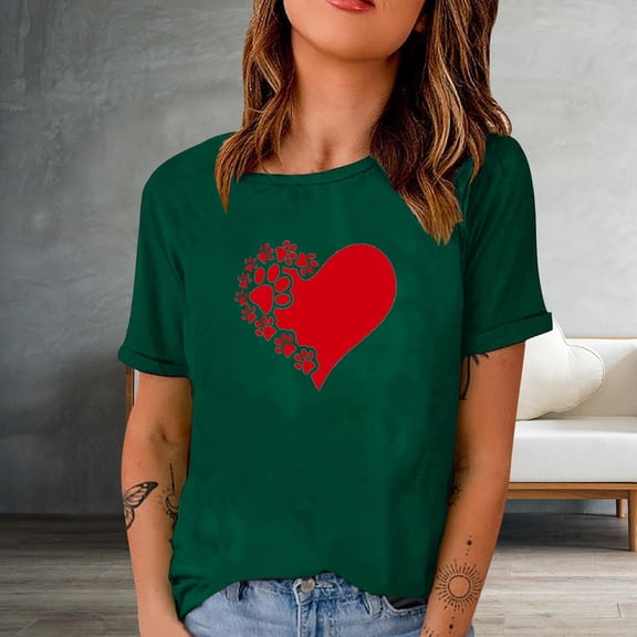 EQWLJWE Paw Graphic Tshirt Women Funny Cat Dog Paw Print Short Sleeve Tee Shirts Dog Mom Gifts Girls Love Heart Tees Tops