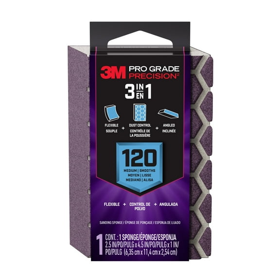 3M Pro Grade Precision Sanding Block, Drywall Sponge, 2.5 in x 4.5 in x 1 in, 120 Grit, Medium, 1 Sponge
