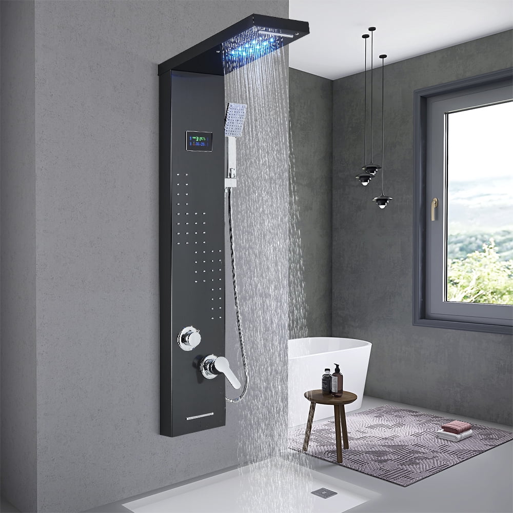 Black LED Shower Panel Tower System Rain&Waterfall Massage Jets Stainless Steel