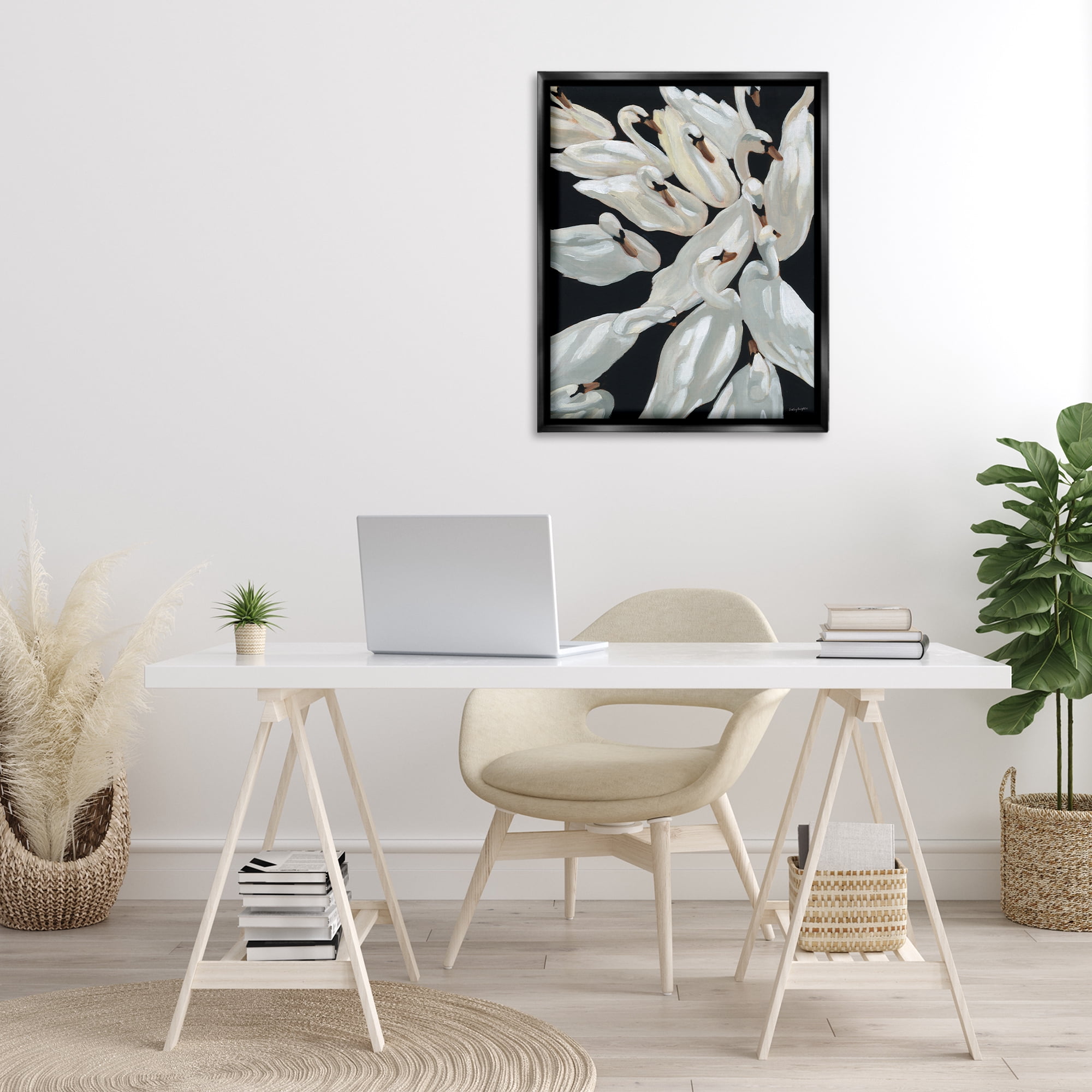 Stupell Industries Gathered Swans Swimming Animals & Insects Painting Black Floater Framed Canvas Art Print Wall Art, 25 x 31