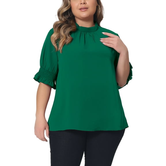 Agnes Orinda Plus Size Blouse for Women Work Office Pleated Solid Short Sleeve Mock Neck Puff Sleeve Tops 1X Green