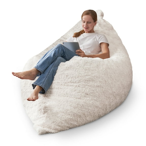 Congermom 4 in 1 Bean Bag Chair, Giant Memory Foam Filling Bean Bag Sofa, Adult Bean Bag Chair, Machine Washable Faux Fur Cover, Bean Bag for Adult (White)