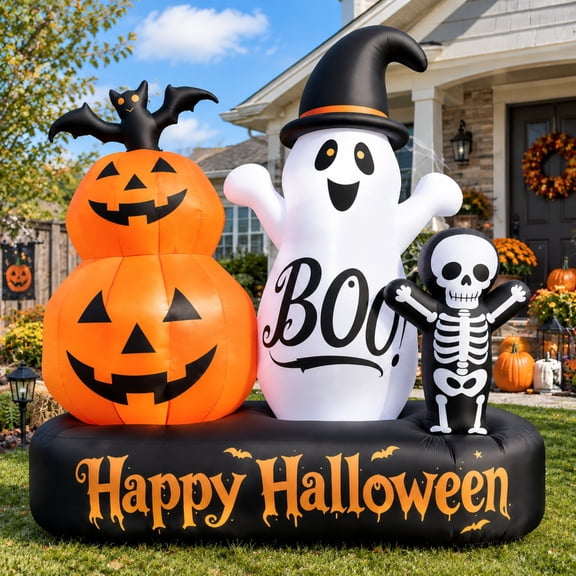 6FT Halloween Inflatable Outdoor Decorations, Lighted Pumpkin Ghost Skeleton with Bat, Built-in LED Blow Up Yard Decoration for Lawn, Porch & Party