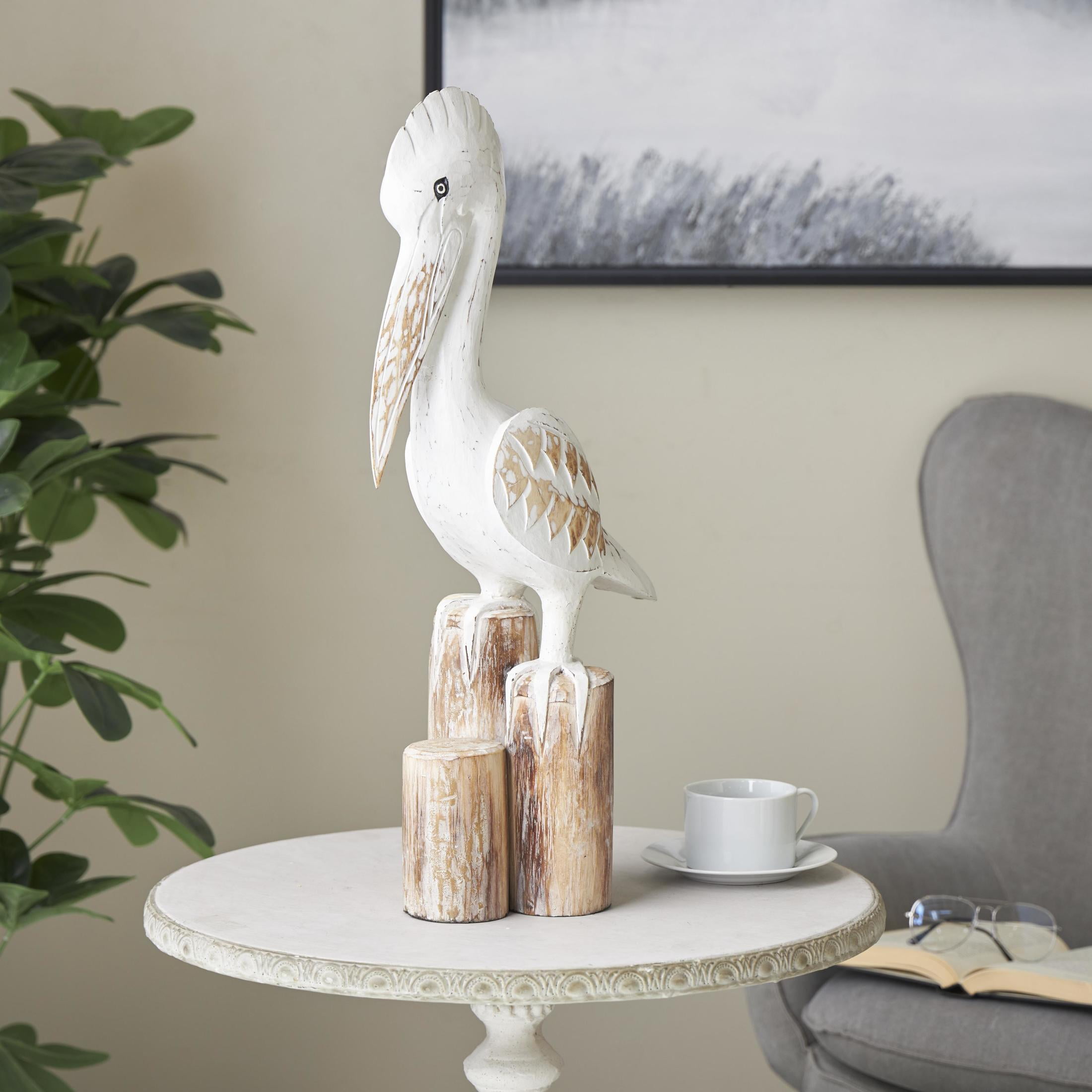7" x 24" White Wood Handmade Distressed Pelican Sculpture with 3 Brown Posts, by DecMode