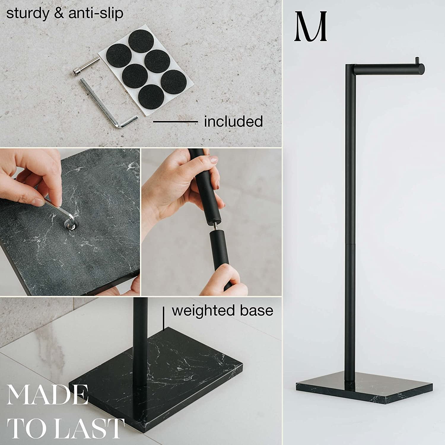 Marmolux Acc Matte Black Free Standing Toilet Paper Holder with Weighted Black Marble Base Storage