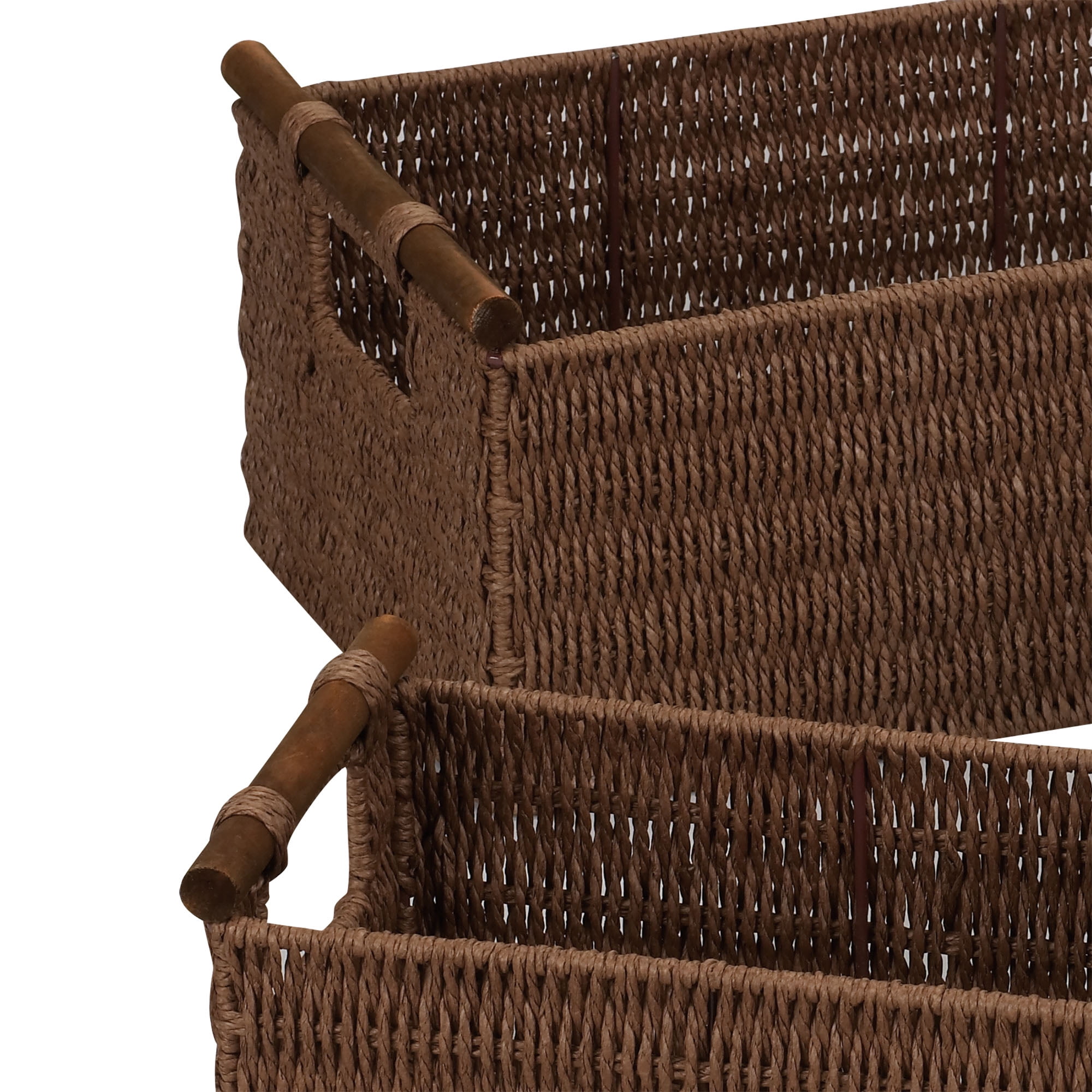 Household Essentials Decorative Woven Baskets Set of 3, Paper Rope with Wood Handles and Metal Frame, Small, Medium and Large, Brown